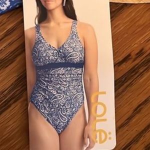NWT Lole blue and white paisley one piece printed swimsuit Size 16